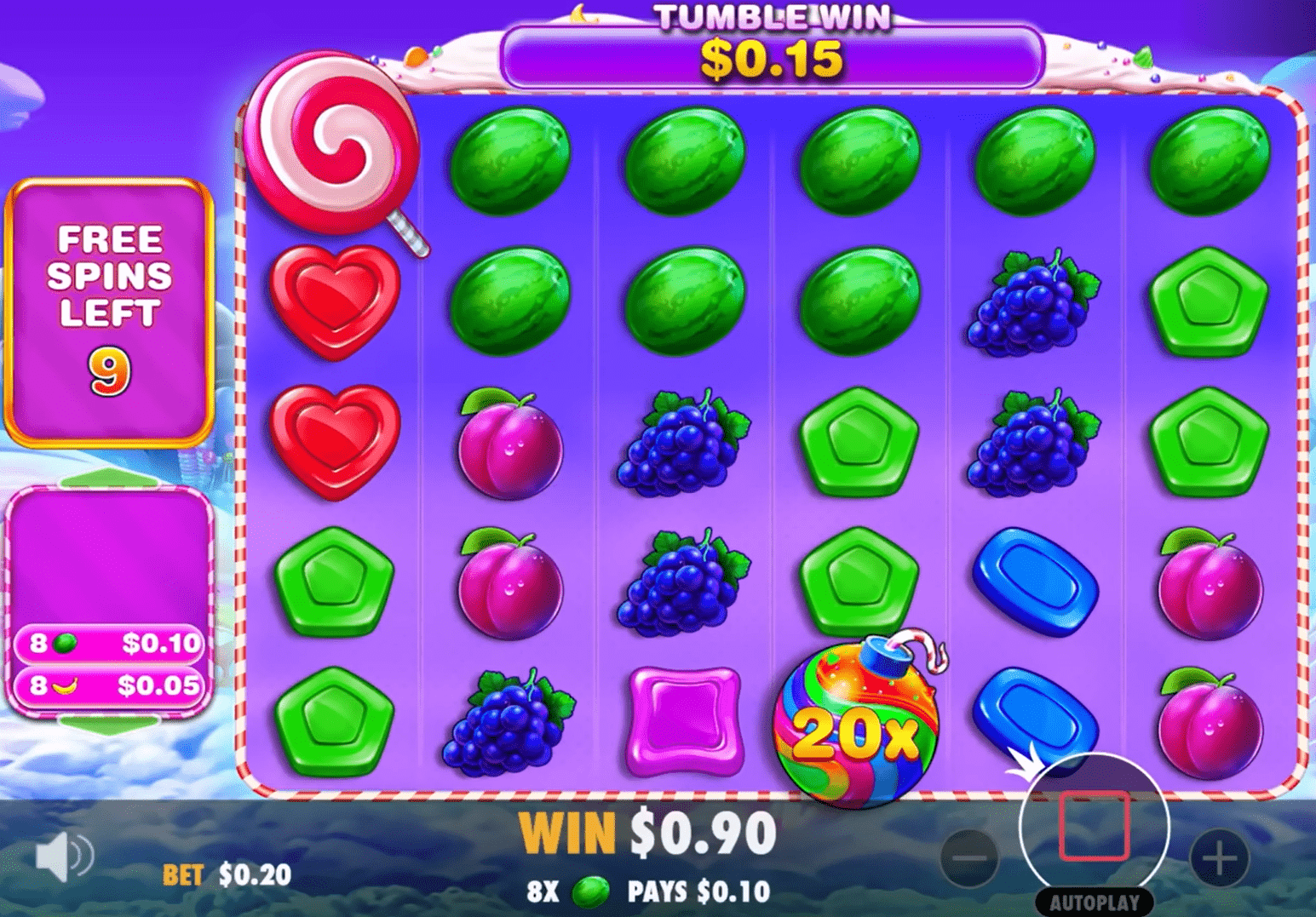 Colorful slot machine game with fruit and candy symbols on a purple background